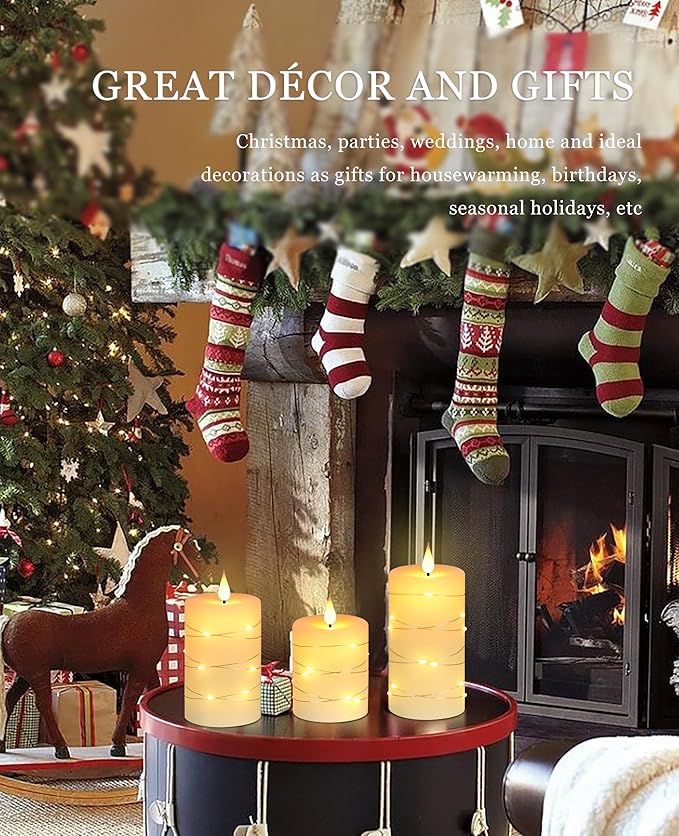 Upinmz Flickering Flameless Candles with Embedded String Lights, Battery Operated Candles with Remote Control and Timer,LED Candles for Home Decoration,Real Wax, 3 Pack Ivory