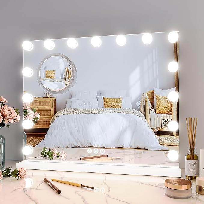Aluminum Frame LED Makeup Mirror, 23x18 Lighted Vanity Mirror with 15 Dimmable LED Bulbs, 3 Color Modes, 3X Magnifying Mirror, Touch Dimmer, USB Type-C Port, Detachable Base, Wall Mountable