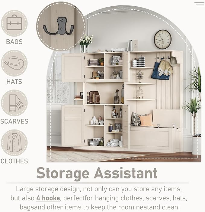 Multifunctional Hall Tree with 4 Hooks, Wood Hall Tree with Open Shelving and Flip Hidden Shelf, Left-Right Combination Coat Rack (can be Used Separately), Entryway Bench (Beige/45c)