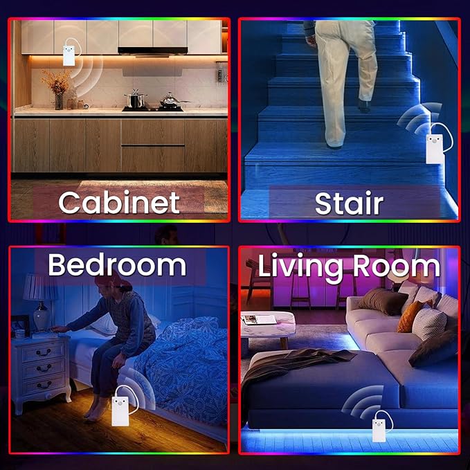 Motion Sensor Strip Lights Battery Operated, 6.6FT Color Changing Led Strip Light Dimmable with Remote/4Modes, RGB & Warm White Light Strip Waterproof for Bedroom Bathroom Cabinet Closet Indoor
