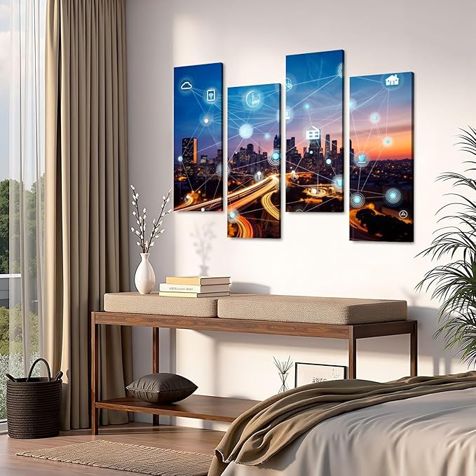 Canvas Wall Art Prints Pictures smart city wireless communication network Framed Posters Modern Wall Painting Artwork Gift Home Decor for Living Room Ready to Hang 4 Panel