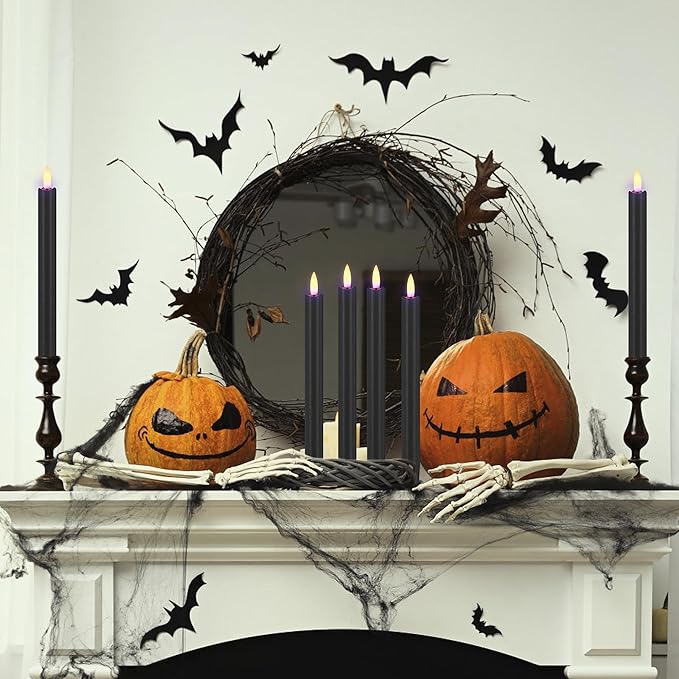 Black Flameless Taper Candles with Remote, 9.6" Halloween Battery Operated Candles 3D Wick, 3 Pack Real Wax Led Candlesticks Flickering Electric Candle for Halloween, Home, Party Decor