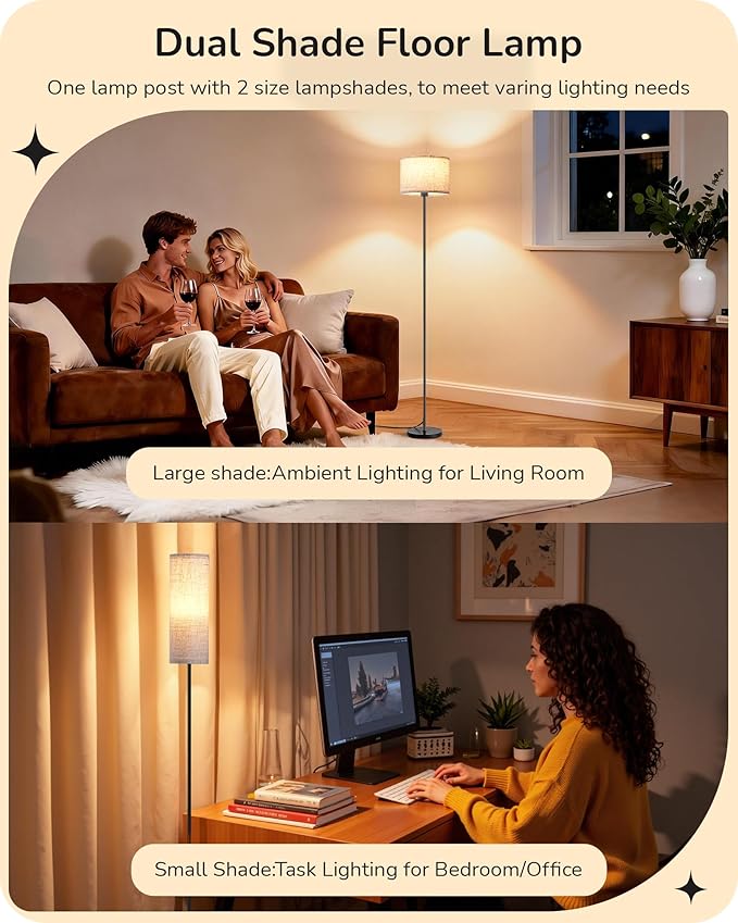 EDISHINE Dual Shades Floor Lamps for Living Room with Foot Switch, 63.7" Modern Standing Lamp with Remote Control, Stepless Dimmable Minimalist Lamps for Bedroom, Office, (9W Bulb Included), Black