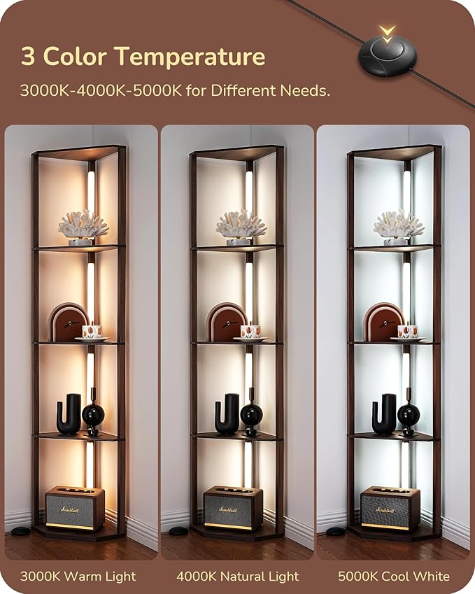 EDISHINE Dimmable LED Floor Lamp with Shelves, Corner Floor Lamps for Living Room, Corner Shelf with LED Light, 3CCT, Modern Standing Lamp, Floor Lamp for Bedroom, Office, Walnut