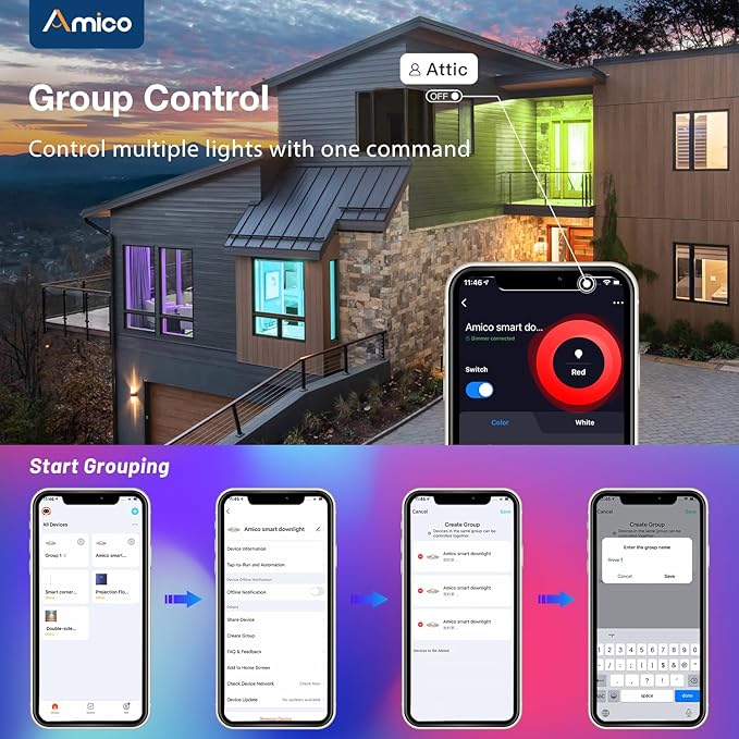 Amico 1 Pack 5/6 Inch Smart WiFi LED Recessed Can Lights, Color Changing Retrofit Recessed Lighting, Baffle Trim, APP Control, 12W=110W 1100LM, IC& ETL