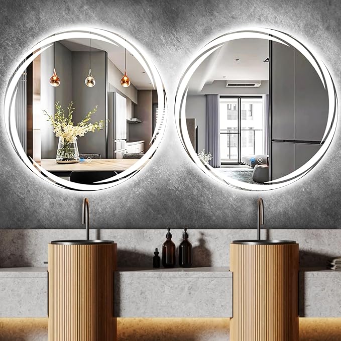 20 Inch Unique Rotating Round Lighted Mirror for Bathroom Hotel Makeup Wall LED Round Vanity Mirror with Lights Smart Memory 3 Color Dimmable AntiFog 20 Backlit Rounds Circle Lighted Mirrors