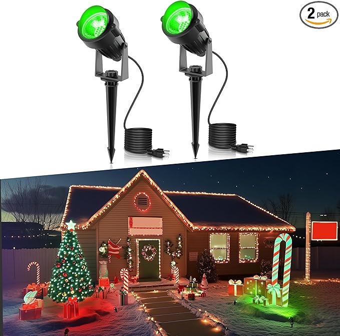 L LOHAS LED Green Christmas Spot Lights Outdoor, 10W Dusk to Dawn Sensor Landscape Spotlights for Yard, IP66 Waterproof Pathway Garden Outside Lights, 9.84ft Cord, Green Lawn Decor Lamp, UL Listed