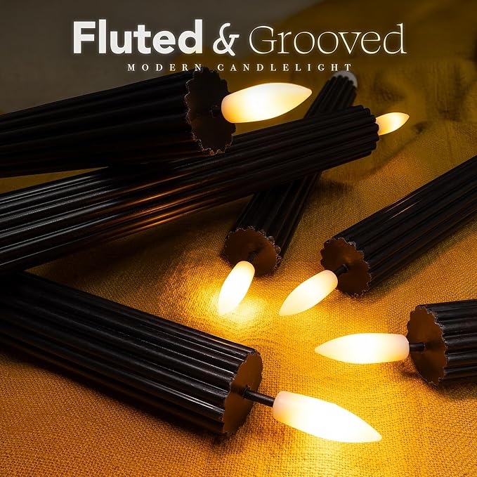 WYZworks 10" Fluted Ribbed LED Black Grooved Pillar Candles, Remote & 24h Timer Memory, On/Off Switch - Flameless Dimmable Battery Operated w/Flicker Mode, Home Wedding Decor (12 Pack)