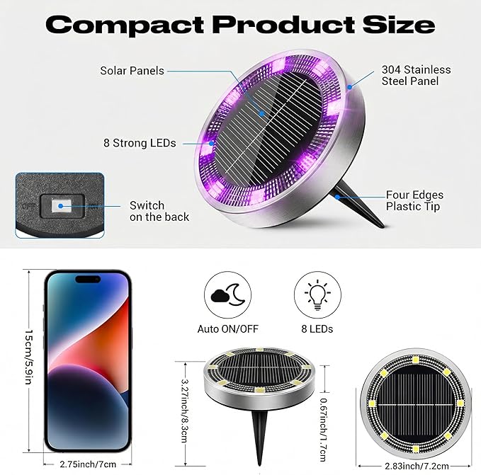 Peasur Solar Ground Lights Outdoor, 4 Pack Flat Solar Powered Disc Lights, IP68 Waterproof, Anti-Rust, Landscape Lighting for Pathway Garden Yard Lawn Walkway Landscape Driveway, Purple