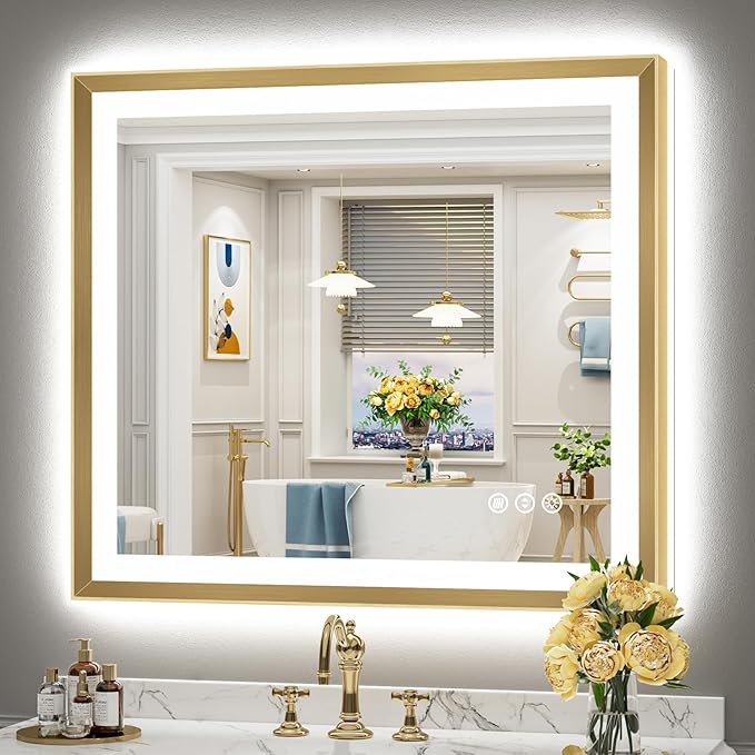 32x36 Gold Beveled LED Bathroom Mirror with Lights, Brushed Gold Framed Backlit and Front Lit Anti-Fog Lighted Vanity Mirrors for Bathroom Wall, Dimmable, 3 Colors, Memory, HD Tempered Glass