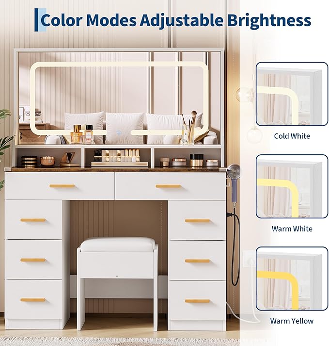 IDEALHOUSE Vanity Desk with Mirror and Lights, Makeup Table with Glass Top & 8 Drawers, 3-Color LED Mirror, Power Outlets & USB, Hair Dryer Holder, Stool Included, Dressing Table Set for Bedroom