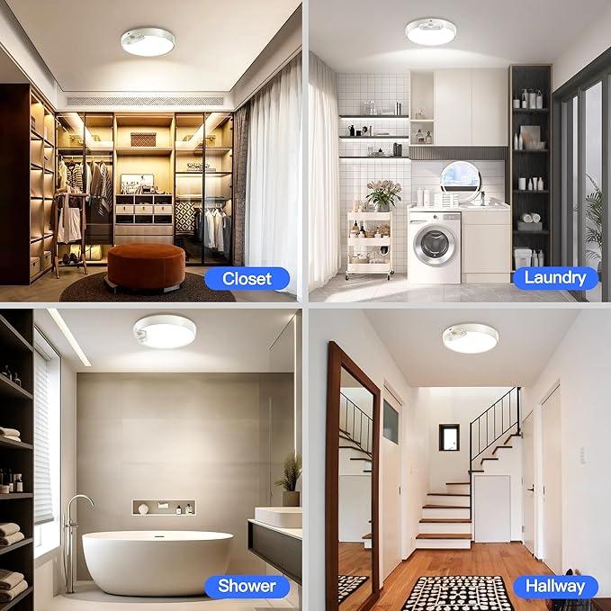 Homelist 2 Pack Upgraded Rechargeable Motion Sensor Ceiling Light, Battery-Powered Ceiling Light with Remote for Closet Stairs Shower Shed Hallway Porch-6000K Cool White