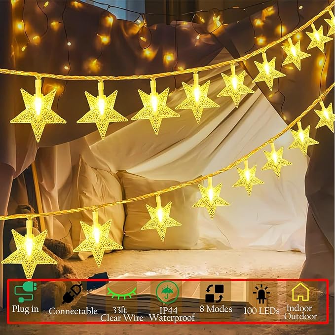 Fairy Star String Lights Plug in, 33ft 100 LED Cute Stars Shaped Lamp 8 Modes for Bedroom Classroom Dorm Porch Wedding Birthday Party Christmas Tree Indoor Outdoor Hanging Decorations (Warm White)