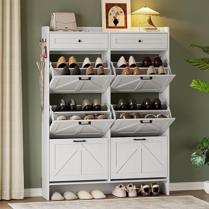 Shoe Cabinet for Entryway, Farmhouse Shoe Storage Cabinet with 6 Flip Drawers and 2 Top Drawers, Tall Narrow Shoe Organizer Cabinet with Adjustable Shelves, Side Hooks and Anti-Tip Kit