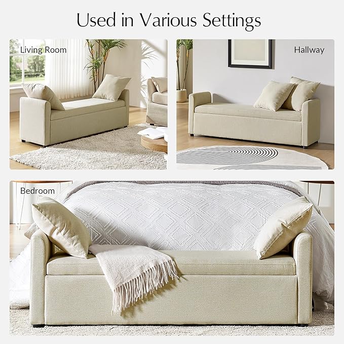 59.5" Modern Storage Ottoman Bedroom Bench, End of Bed Bench with Arms and Throw Pillows, Footrest Stool for Living, Dining Room, Entryway and Hallway, Beige