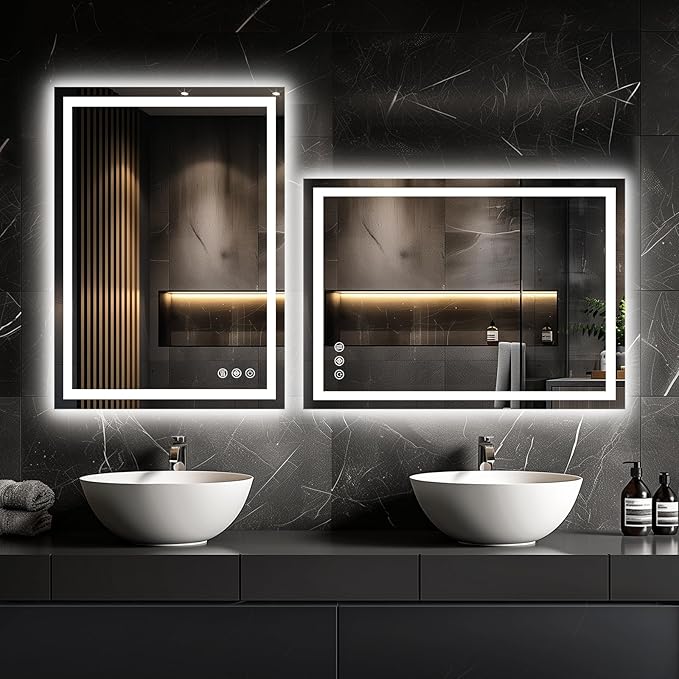 LED Bathroom Mirror, 28"x20" with Frontlit and Backlit Anti-Fog Mirror with Lights LED Vanity Mirror for Bathroom 3 Colors Temperature & Dimmable Bathroom Mirror with HD Tempered Glass