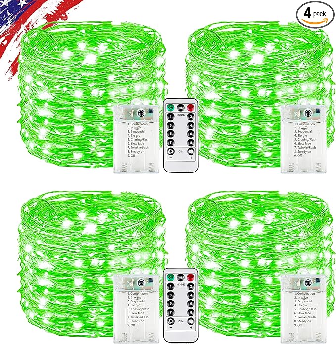 4 Pack Green Fairy Lights Battery Operated with Remote, Waterproof 20FT 60LED Cuttable Twinkle Lights with Timer Indoor Outdoor, String Light for Bedroom, Classroom, Wedding, St. Patrick's Day Décor
