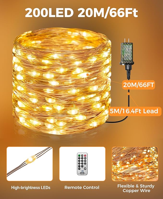 Plug-in Fairy Lights, 66 Ft 200 LED String Light with Remote, 8 Modes, Timer and Dimming Twinkle Lights for Indoor, Bedroom, Party, Decoration, Holiday, Warm White