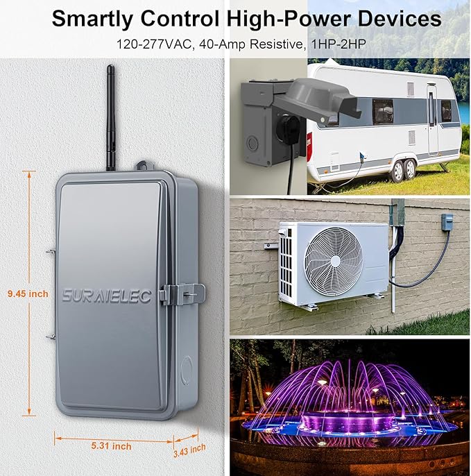 Suraielec Pool Timer, WiFi Smart Pool Pump Timer, 120, 240, 277 VAC, 40 AMP, Outdoor Heavy Duty Metal Casing Pool Control, Wireless Electric Switch Box for Pumps, Water Heater, Spa, Light
