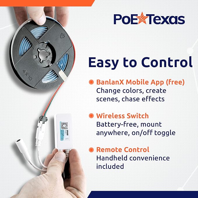 PoE Texas RGB LED Strip Lighting Kit - Plug & Play PoE Driver with COB LED Strip - Wireless Light Switch & App Control - Individually Addressable Color Changing Dotless Lights for Home or Office