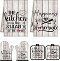Sratte 6 Pcs Kitchen Decor Accessories Set Farmhouse Towels Pot Holders Oven Mitts Set 2 Dish Towels 2 Potholders 2 Cooking Mittens Oven Glove for Christmas Baking Cooking(White Wood Grain)