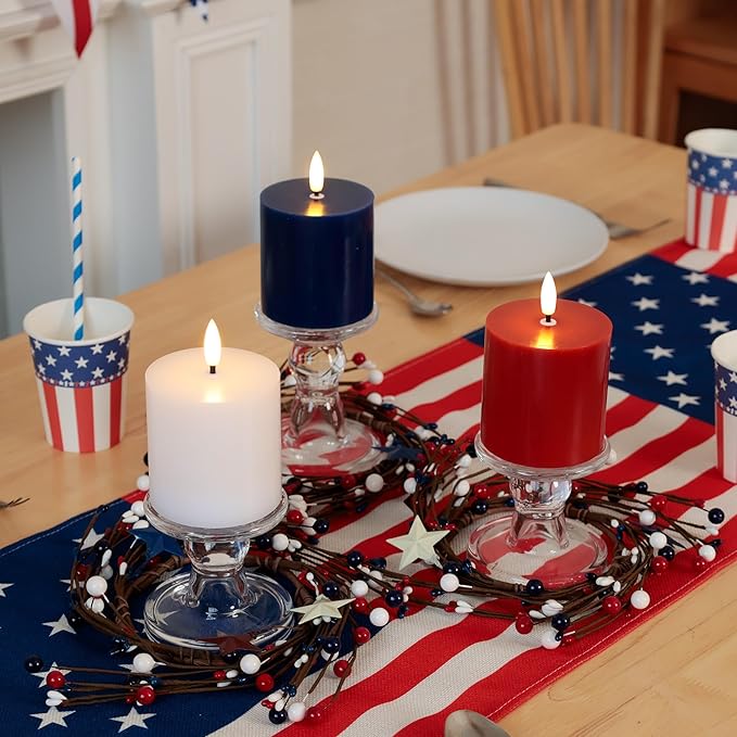 4th of July Candles, Patriotic Flameless Pillar Candles with Remote and Timer, Red White and Blue Battery Operated Set of 3, Real Wax LED Pillar Candles for Independence Day Celebrations