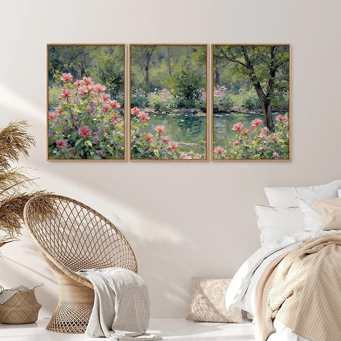 YeeHomedec Monet Botanical Framed Canvas Wall Art Set, Impressionist Floral Garden Wall Decor, Vintage Pond Tree Artwork, Nature Landscape Art Paintings for Living Room Bedroom Bathroom 24"x36"x3