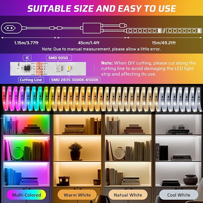 RGBWW+IC LED Strip Lights 50Ft, Dimmable Multi-Colored+3000K-6500K LED Lights with Remote and APP, Flexible Self-adhesive Color Changing LED Tape Lights, 24V Cuttable DIY Strip Lighting for Home Stair