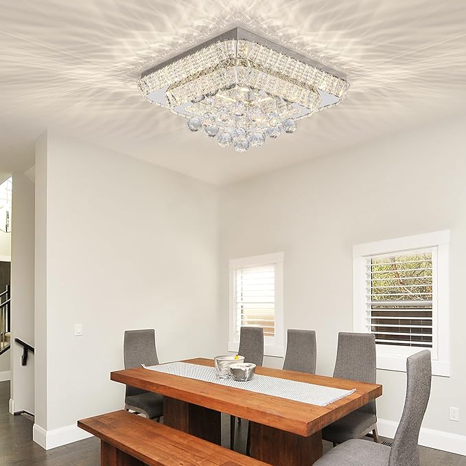 18" Crystal Ceiling-Light Flush Mount with Remote Control and APP, 3 Colors Temp & Brightness Adjustable, Modern Crystal Raindrop Chandeliers for Bedroom Hallway Dinning and Living Rooms-square
