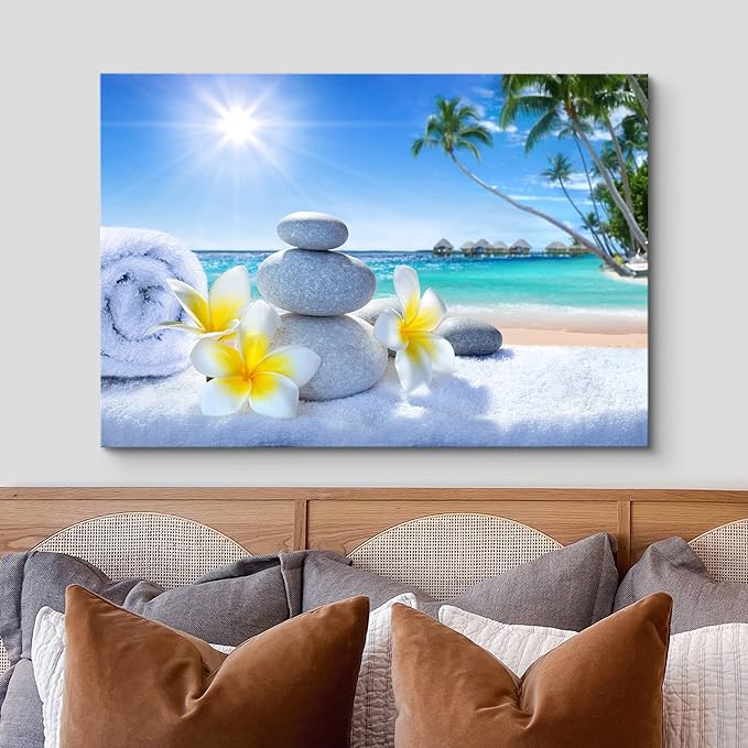 wall26 Canvas Print Wall Art White Massage Stones on Vibrant Beach Nature Floral Photography Realism Tropical Landscape Colorful Multicolor for Living Room, Bedroom, Office - 24"x36"