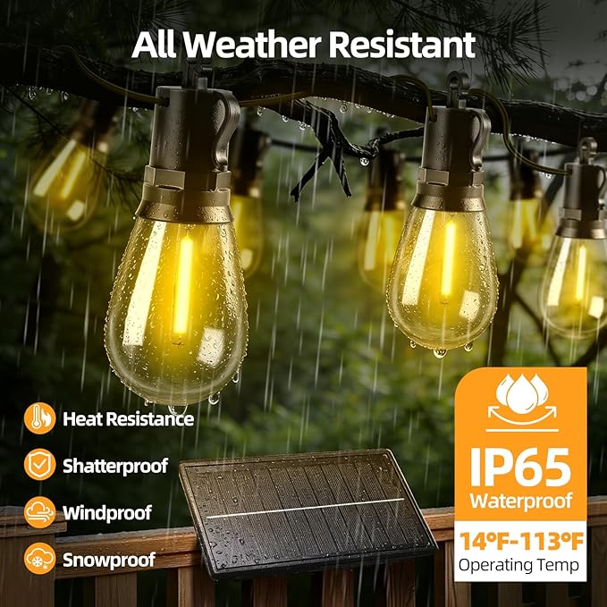 Solar Lights Outdoor Patio Lights: S14 30M 100FT Solar Powered 3 Light Modes Solar Waterproof Light - Shatterproof Bulbs - Camping Backyard Garden Deck Outside Yard