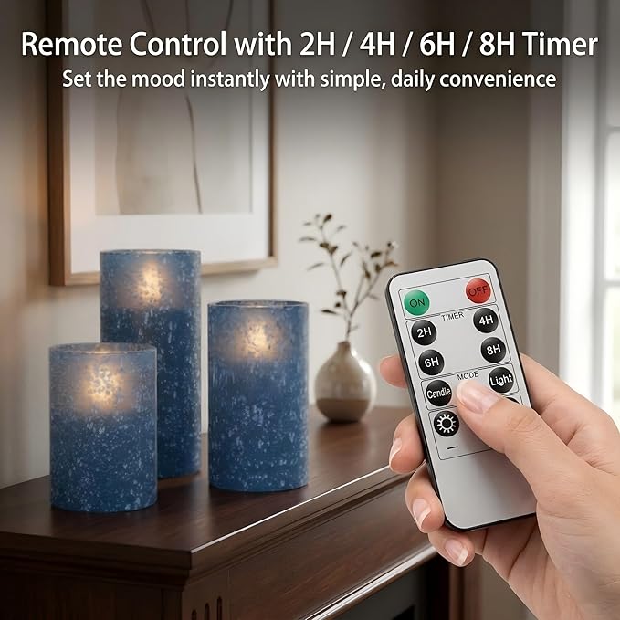 Blue Flameless Candles with Remote, Battery Operated Pillar Candles Set of 3, Flickering Real Wax LED Candles with Timer for Home Decor, Bedroom, Bathroom, Wedding Table Centerpiece