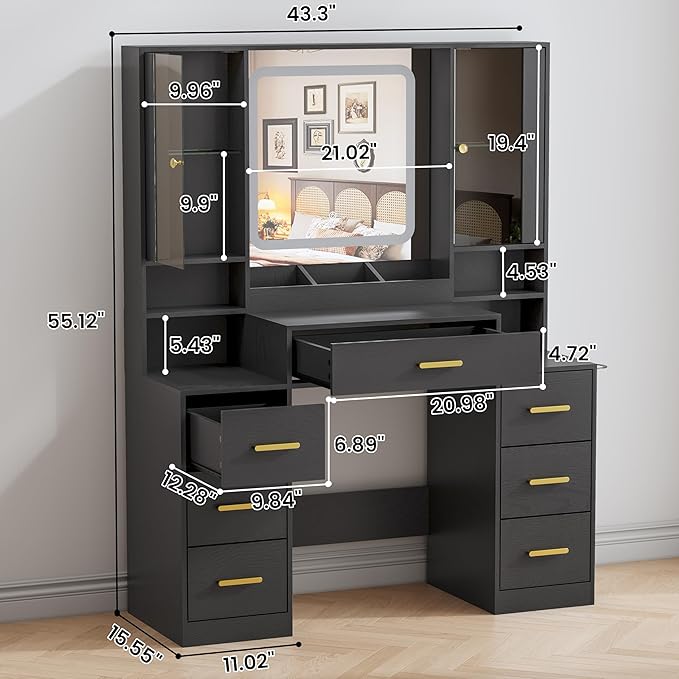 Vanity Desk with Mirror and Lights, Makeup Vanity with 7 Drawers, 2 Glass Door Cabinets, Charging Station, Adjustable Shelves, RGB Lighting, Hair Dryer Holder