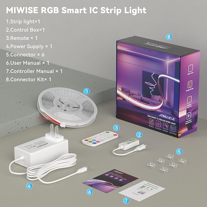 MIWISE LED Strip Lights,RGB Smart IC COB LED Strip Light Color Chasing,32.8ft Multicolor Flexible LED Tape Light,Music Sync with APP Control,Addressable DIY,for Cabinet,Bedroom,Party Decor