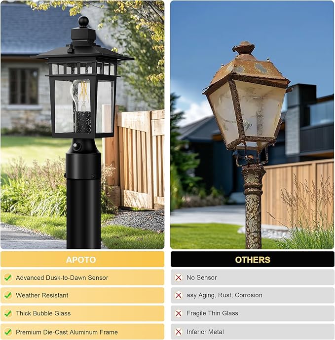 Dusk to Dawn Outdoor Post Lights, Waterproof Lamp Post Light Fixture, Aluminum Lamp Posts Outdoor Lighting Pole Lantern for Outside Yard Patio Pathway Garden Deck, Hard Wired (2 Pack, Black)
