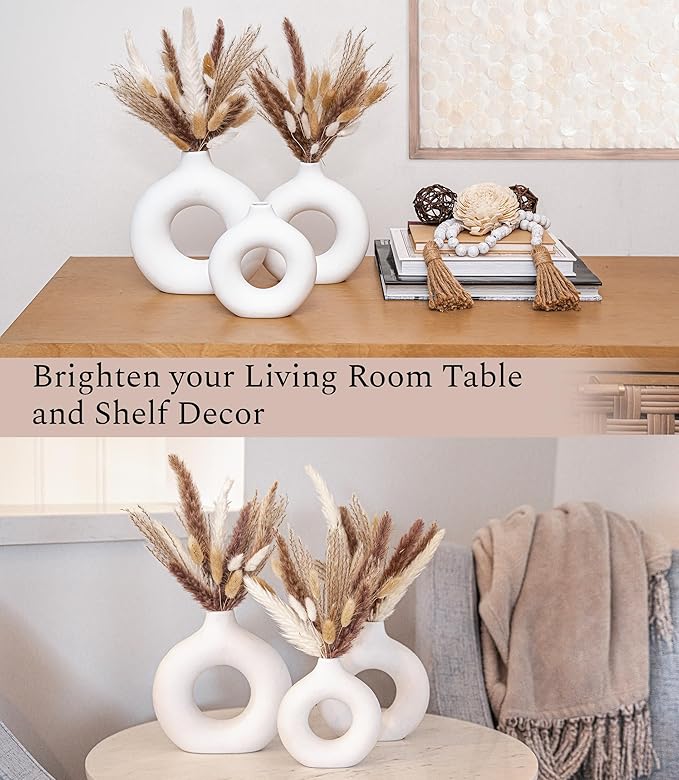 VELOVA Set of 3 White Ceramic Vase with 65 PCS Dried Pampas Grass Flowers Aesthetic Boho Modern Small Round Cute Vases for Decor Living Room Coffee Table Shelf Bedroom Office Desk Home Gifts Women Mom