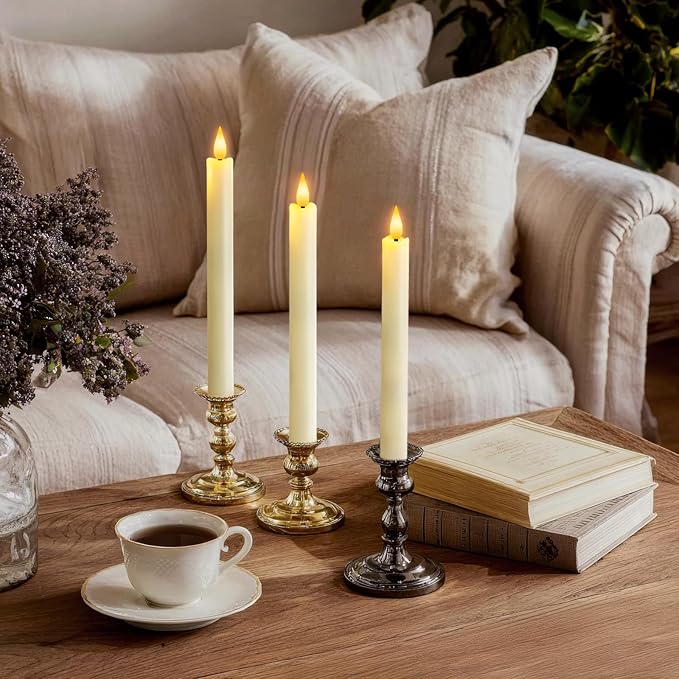12 Pcs Flameless Taper Candles with Remote Timer Dimmer, 9.6 inches Ivory Plastic LED Candlesticks, Battery Operated Led Warm Light Window Candles, for Wedding Home Christmas Decoration