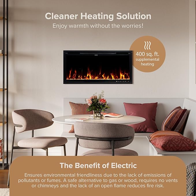 Modern Ember Aerus Slim 36 Inch Smart Linear Electric Fireplace | Recessed in-Wall or Wall-Mount | LED Multiple Flame Colors | Alexa/WiFi Enabled | 4.25” Profile | Remote Included