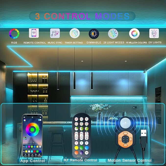 LED Strip Light Motion Sensor Under Bed Lights 2*9.84FT RGB,Remote/APP Control/Dimmable/Music Sync/Auto-Off Timer/Motion Activated Led TV Night Light for Bed Stair Cabinet Party Desk Wardrobe,Decorate