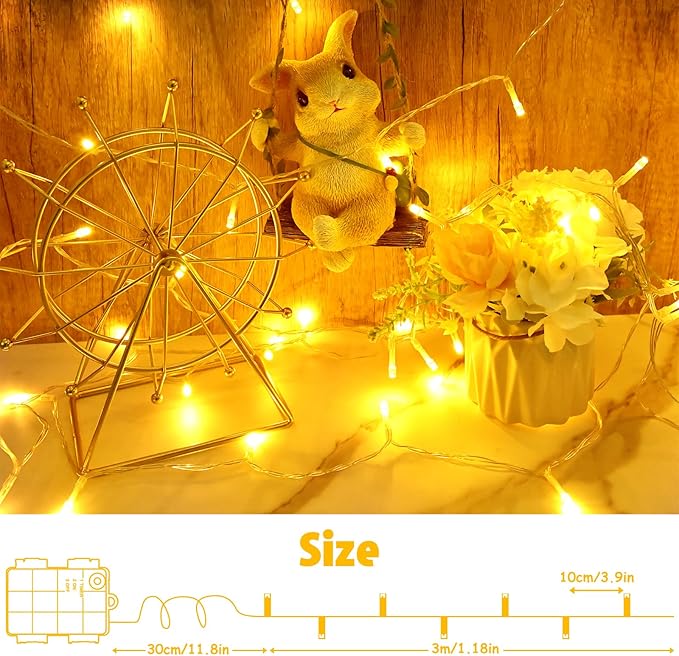 String Lights Outdoor Waterproof 9.8ft 30 LED, Warm White Fairy Lights Battery Operated with Timer Clear Wire for Indoor & Outdoor Decorations Garland Party Garden