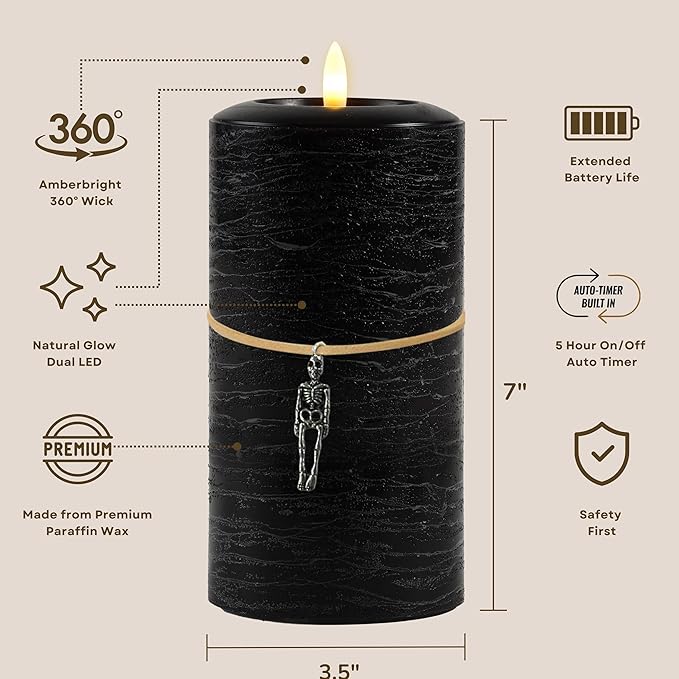 LumiPur Signature Natural Glow Flickering Flameless LED Wax Pillar Candle (Black, 3.5" x 7")