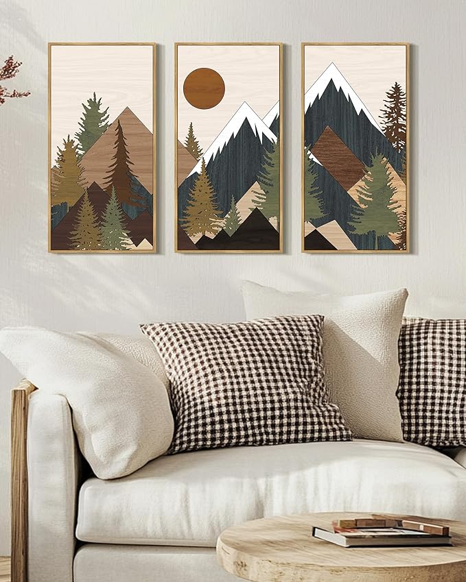 KUVIOKE Large 12x24in Wooden Mountains Range Landscape Wall Art Framed Tree Nature Wall Decor Farmhouse Rustic Prints Kitchen Living Room Ready to Hang Natural Framed