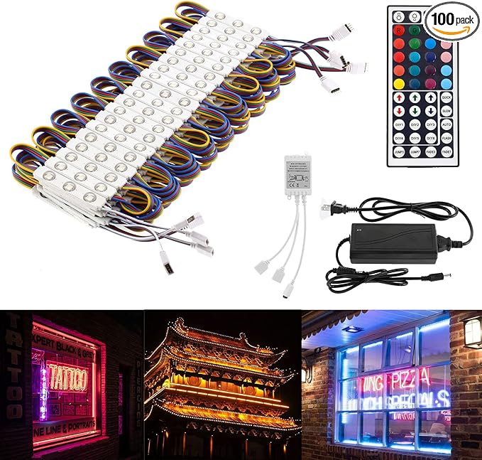 BEAMNOVA 50Ft Commercial RGB Storefront Light Kit for Business with Remote Control, 12v Power Supply Transformer, 100Pcs 3-LED Outdoor Adhesive Waterproof Strip Lights
