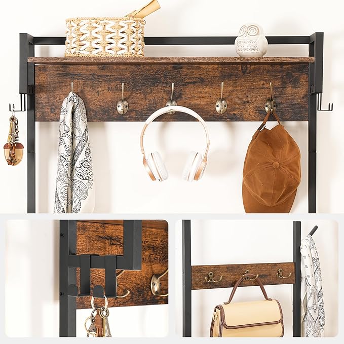 HOOBRO Hall Tree with Bench, Entryway Bench with Coat Rack, Shoe and Coat Rack for Entryway, Coat Rack with Shoe Storage and Reversible Storage Shelves, Rustic Brown BF105MT01