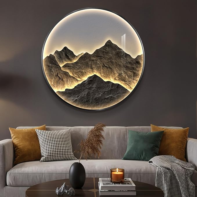 Troartos Framed LED Mountain Wall Art for Living Room, Modern Luxury Dimmable Lighted Landscape Artwork for Walls, Light Remote Control Wall Decor for Hallway, Apartment, Dining Room, Office, 30x30
