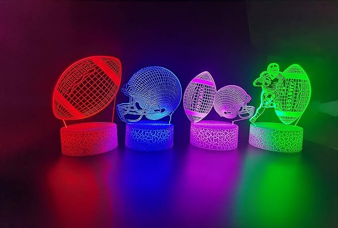 3D Night Light - Football 4 Patterns Hologram Lamp, Dimmable Remote/Smart Touch, 16 Color Changing LED, Room Decor Bedside Desk Lamp, Gift for Football Fans
