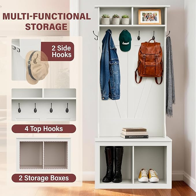 JUMMICO 75" Hall Tree with Bench and Shoe Storage, Farmhouse Entryway Bench with Coat Rack, Mudroom Storage Organizer with 4 Cubbies, 6 Hooks, Detachable Top Cubby for Entryway, Living Room, White
