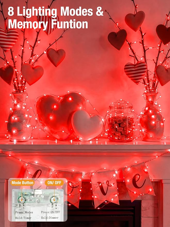 btfarm Valentines Day Fairy Lights Battery Operated with Timer, 16.4 FT 50 LED Silver Wire Twinkle String Lights 8 Modes Dimmable Waterproof for Indoor Home Party Christmas Bedroom Wedding, Red