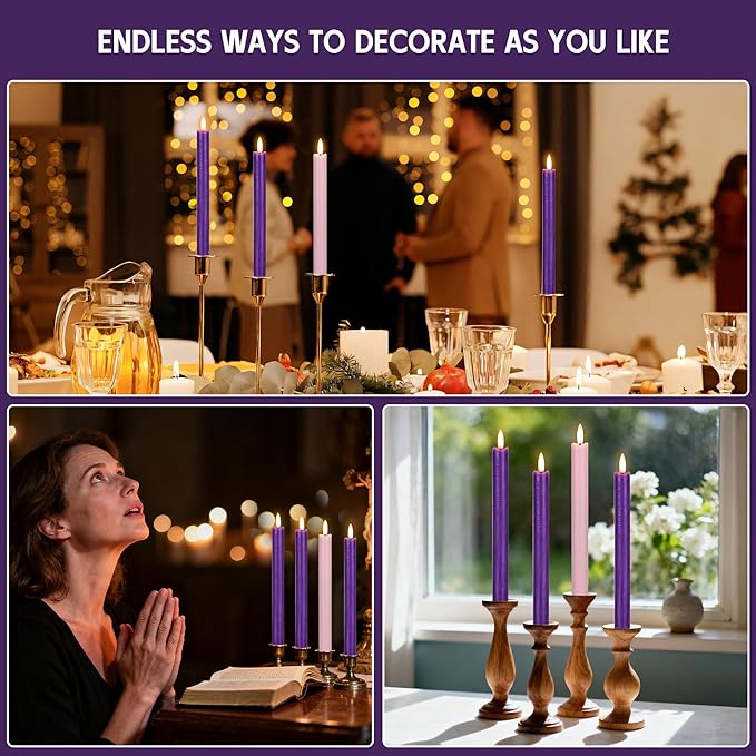 Flameless Advent Candles Set of 4, Real Wax Advent Taper Candles Battery Operated 9.6", Purple and Pink Christmas Candlesticks for Wreath, Christ, Home, Church, Catholic Decoration