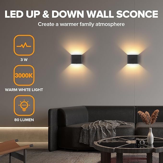 LUTEC 2 Pack Motion Sensor Wall Light, 5000mAh Rechargeable Battery Powered Wall Lamp, Two Adjustable Modes, Waterproof, Wireless LED Up and Down Wall Sconce for Living Room, Hallway, Bedroom-Black